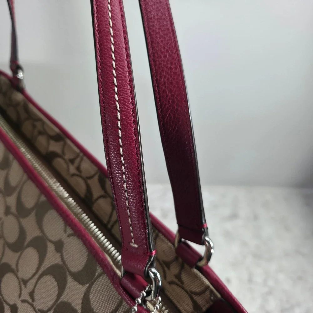 Coach Taylor Signature Tote Khaki Magenta Pink Leather Trim F23297 Bag